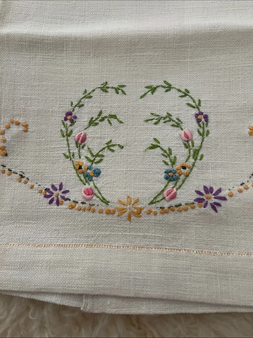 Embroidered Floral Linen Towel in White with Multicolor Flowers